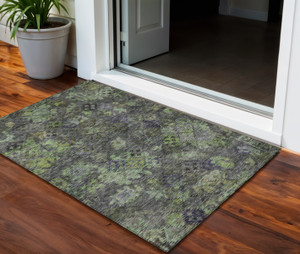3' X 5' Green Charcoal And Black Floral Washable Indoor Outdoor Area Rug