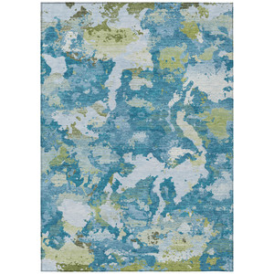3' X 5' Denim Blue And Olive Green Abstract Washable Indoor Outdoor Area Rug