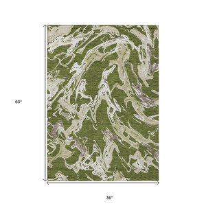 3' X 5' Olive Green And Ivory Abstract Washable Indoor Outdoor Area Rug