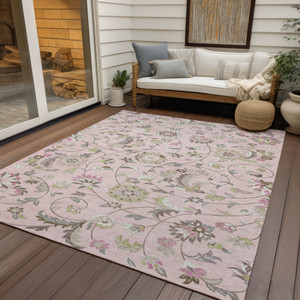 5' X 8' Pink Green And Gray Floral Washable Indoor Outdoor Area Rug