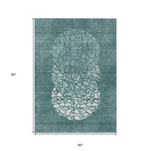 5' X 8' Dark Green Aqua And Ivory Abstract Washable Indoor Outdoor Area Rug