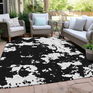 3' X 5' Black And Ivory Abstract Washable Indoor Outdoor Area Rug - 608219090562
