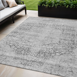 5' X 8' Gray And Ivory Oriental Washable Indoor Outdoor Area Rug