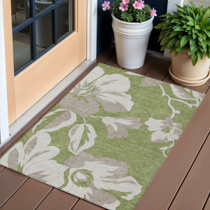 3' X 5' Olive Green Taupe And Beige Floral Washable Indoor Outdoor Area Rug