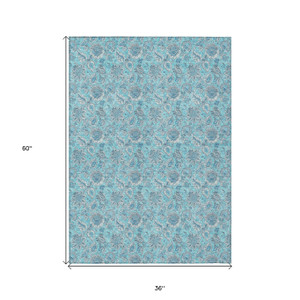 3' X 5' Aqua Blue And Silver Floral Washable Indoor Outdoor Area Rug