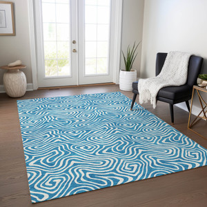 3' X 5' Teal Blue And Ivory Abstract Washable Indoor Outdoor Area Rug Transitional Style - Teal Blue, Ivory Color