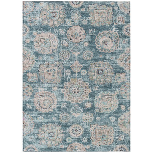 3' X 5' Teal Blue And Sky Blue Floral Washable Indoor Outdoor Area Rug