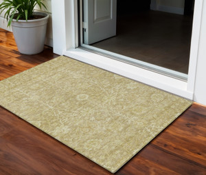3' X 5' Tan And Beige Floral Washable Indoor Outdoor Area Rug
