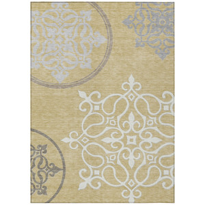 3' X 5' Gold Ivory And Gray Floral Medallion Washable Indoor Outdoor Area Rug