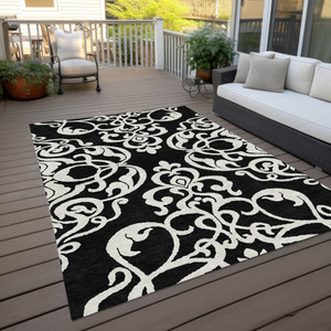 5' X 8' Black And Ivory Damask Washable Indoor Outdoor Area Rug