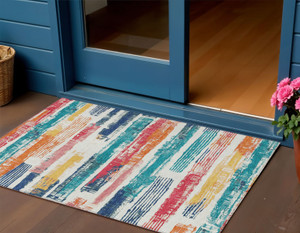 3' X 5' Ivory Teal Blue Orange And Red Striped Washable Indoor Outdoor Area Rug