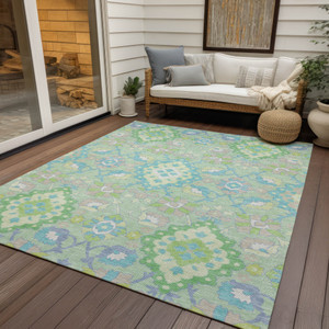 3' X 5' Mint Green Blue And Ivory Oriental Washable Indoor Outdoor Area Rug