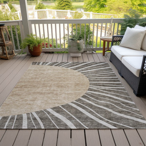 5' X 8' Chocolate Beige And Taupe Abstract Washable Indoor Outdoor Area Rug