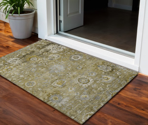 3' X 5' Brown Green And Gray Floral Washable Indoor Outdoor Area Rug