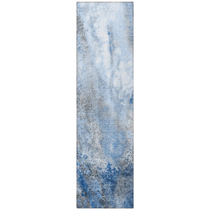 8' Runner Ivory Blue and Gray Abstract Washable Non Skid Indoor Outdoor Runner Rug
