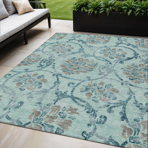 5' X 8' Teal Blue Gray And Aqua Floral Washable Indoor Outdoor Area Rug