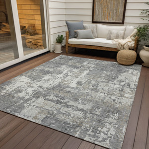 3' X 5' Gray And Ivory Abstract Washable Indoor Outdoor Area Rug Transitional Style - Gray, Ivory Color