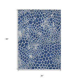 3' X 5' Navy Blue And Ivory Geometric Washable Indoor Outdoor Area Rug Transitional Style - Navy Blue, Ivory Color