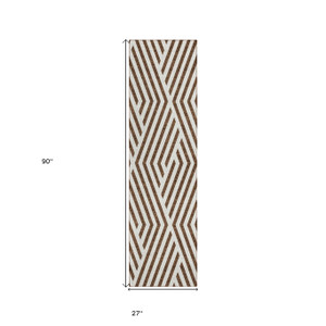 8' Runner Brown and White Geometric Washable Non Skid Indoor Outdoor Runner Rug