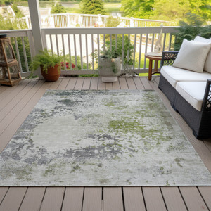 5' X 8' Linen Fern Green And Beige Abstract Washable Indoor Outdoor Area Rug