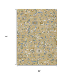 3' X 5' Wheat Blue And Ivory Floral Washable Indoor Outdoor Area Rug