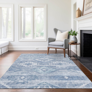 5' X 8' Denim Blue And Sky Blue Southwestern Washable Indoor Outdoor Area Rug - 608219219703