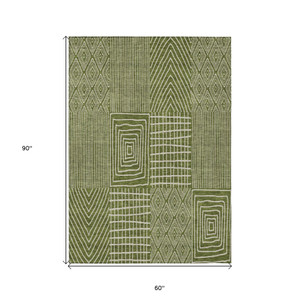 5' X 8' Olive Green And Beige Geometric Washable Indoor Outdoor Area Rug