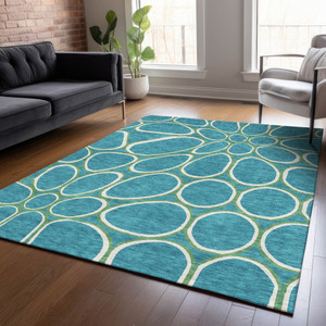 5' X 8' Teal Blue Ivory And Green Abstract Washable Indoor Outdoor Area Rug - Teal Blue, Ivory, Green
