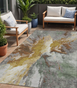 5' X 8' Gold And Gray Abstract Washable Indoor Outdoor Area Rug - Gold, Gray