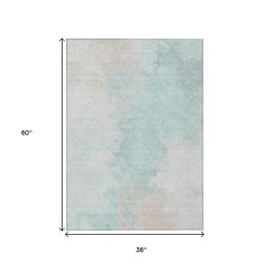 3' X 5' Pale Aqua Beige And Ivory Abstract Washable Indoor Outdoor Area Rug