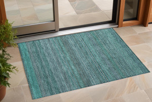 2' X 3' Turquoise Striped Washable Non Skid Indoor Outdoor Area Rug