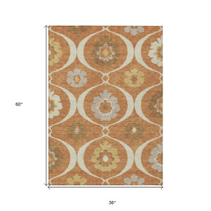 3' X 5' Orange Copper And Gray Medallion Washable Indoor Outdoor Area Rug