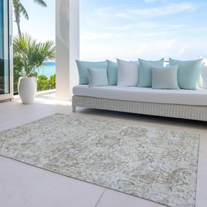 3' X 5' Ivory Brown And Gray Damask Washable Indoor Outdoor Area Rug - 880016446487