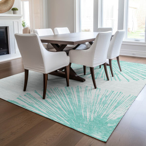 5' X 8' Aquamarine And Ivory Abstract Washable Indoor Outdoor Area Rug