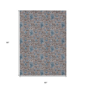 5' X 8' Brown And Blue Floral Washable Indoor Outdoor Area Rug