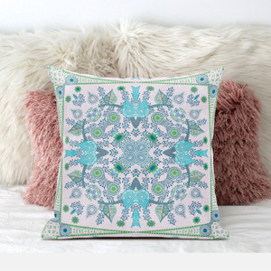 16" X 16" White And Green Blown Seam Floral Indoor Outdoor Throw Pillow Home Accent