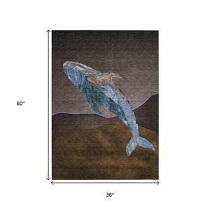 3' X 5' Brown And Denim Blue Animal Print Washable Indoor Outdoor Area Rug