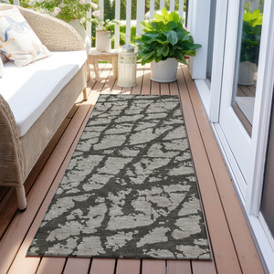 8' Runner Gray and Black Abstract Washable Non Skid Indoor Outdoor Runner Rug