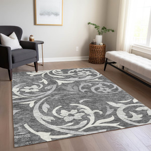 3' X 5' Charcoal Silver And Gray Floral Washable Indoor Outdoor Area Rug