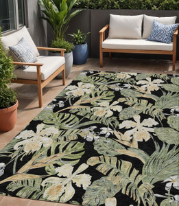 5' X 8' Black Beige And Fern Green Botanical Leaves Washable Indoor Outdoor Area Rug