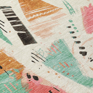 3' X 5' Ivory Blush And Teal Blue Abstract Washable Indoor Outdoor Area Rug