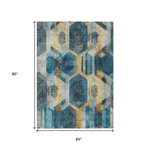 5' X 8' Teal Blue Gold And Silver Geometric Washable Indoor Outdoor Area Rug