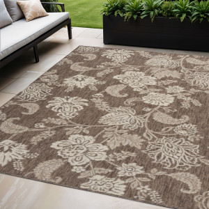 5' X 7' Brown And Ivory Floral Indoor Outdoor Area Rug