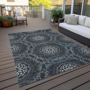 5' X 8' Charcoal Gray And Ivory Floral Medallion Washable Indoor Outdoor Area Rug