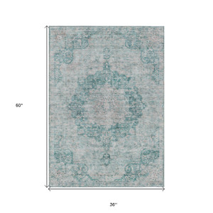 3' X 5' Teal Blue Floral Medallion Washable Indoor Outdoor Area Rug - 880016837261