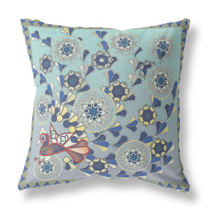 18" x 18" Aqua Peacock Blown Seam Floral Indoor Outdoor Throw Pillow