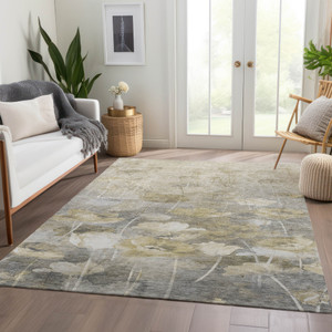 3' X 5' Beige Taupe And Wheat Floral Washable Indoor Outdoor Area Rug