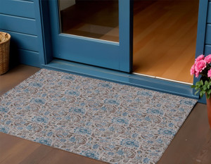 3' X 5' Brown And Blue Floral Washable Indoor Outdoor Area Rug