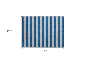 2' X 3' Blue and Ivory Striped Washable Non Skid Indoor Outdoor Area Rug