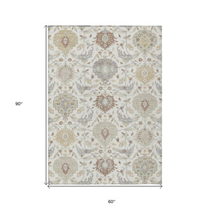 5' X 8' Ivory Brown And Gray Damask Washable Indoor Outdoor Area Rug